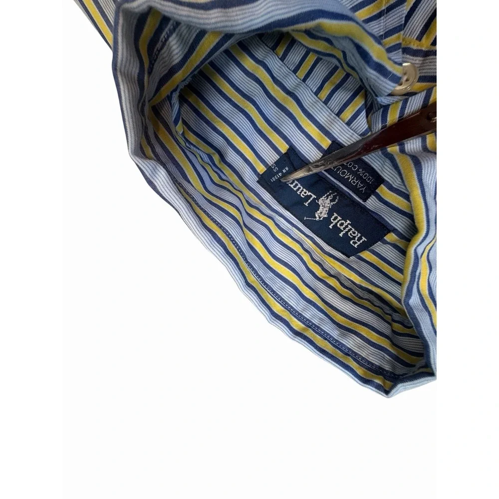 Polo Ralph Lauren Yarmouth Shirt 15.5 33 M Blue Yellow Stripe Button Down